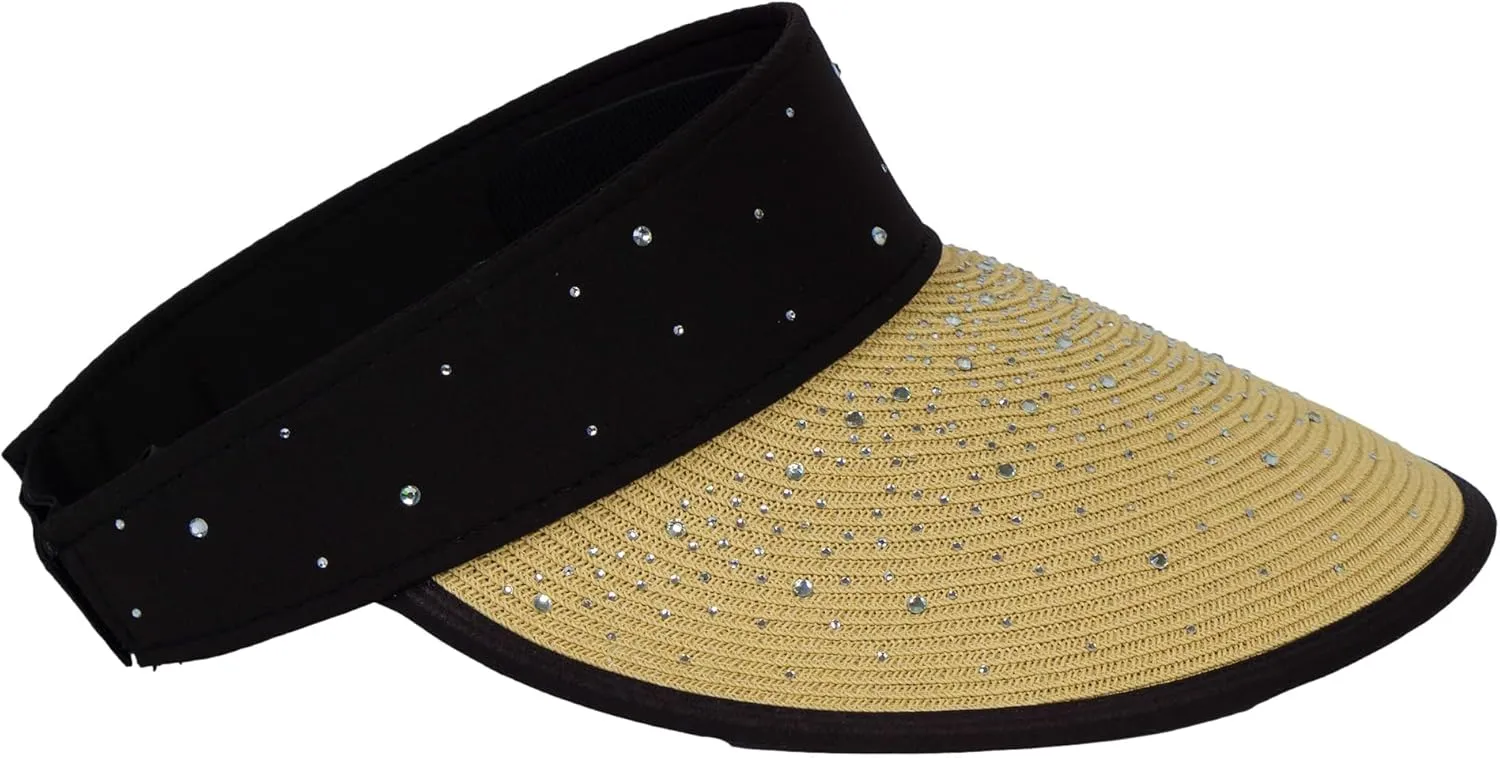 TOP HEADWEAR Women's Studded Visor - Paper Braid Crystal Hat 5 Inch Wide Brim
