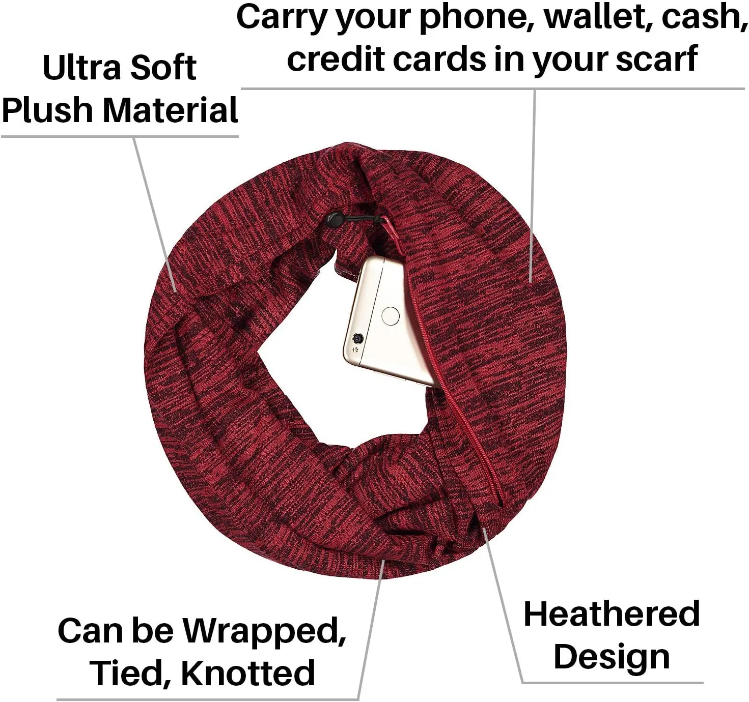 Travel-in-Style Pocket Scarf - Lightweight Heathered Travel Scarves, Infinity Scarves with Zipper Pockets