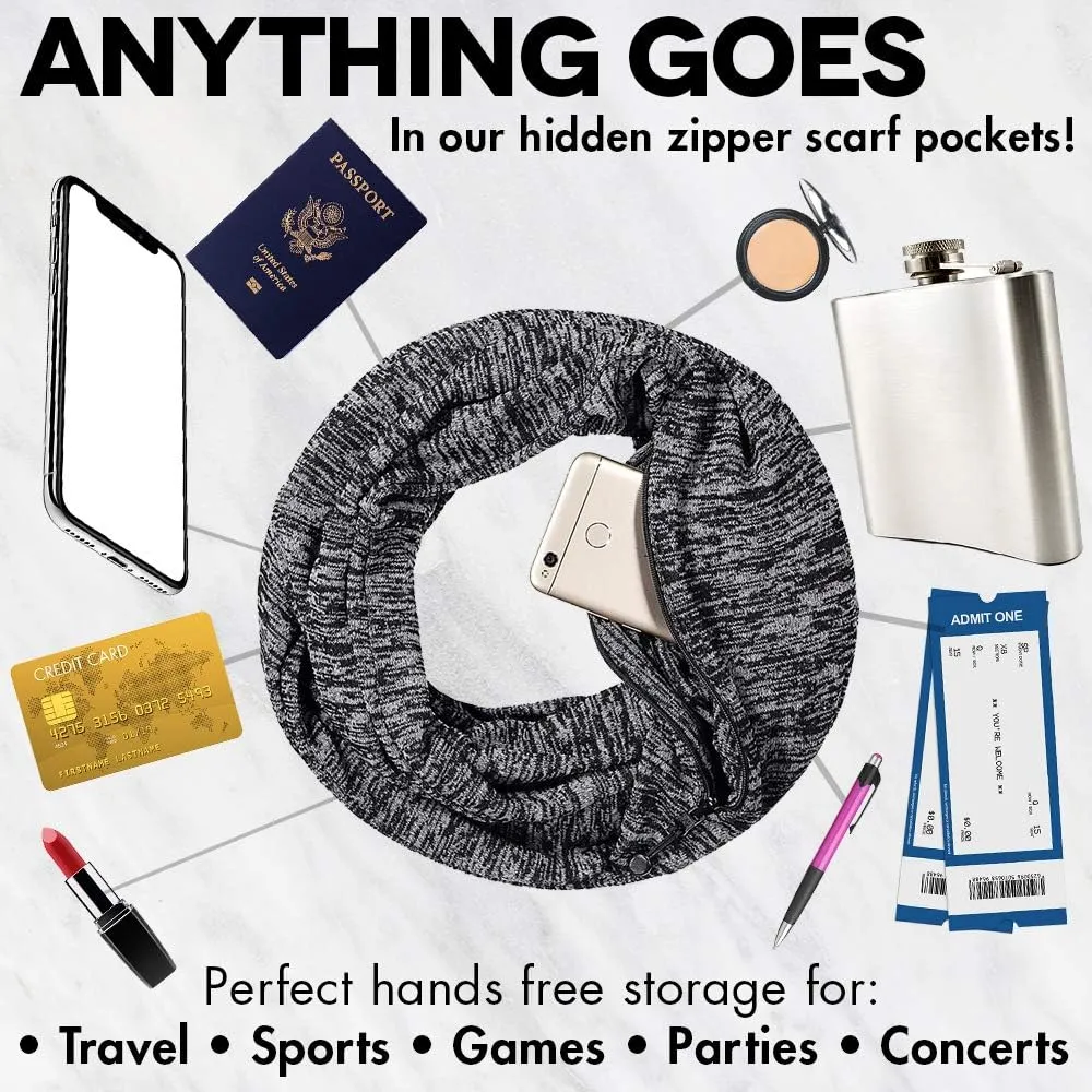 Travel-in-Style Pocket Scarf - Lightweight Heathered Travel Scarves, Infinity Scarves with Zipper Pockets
