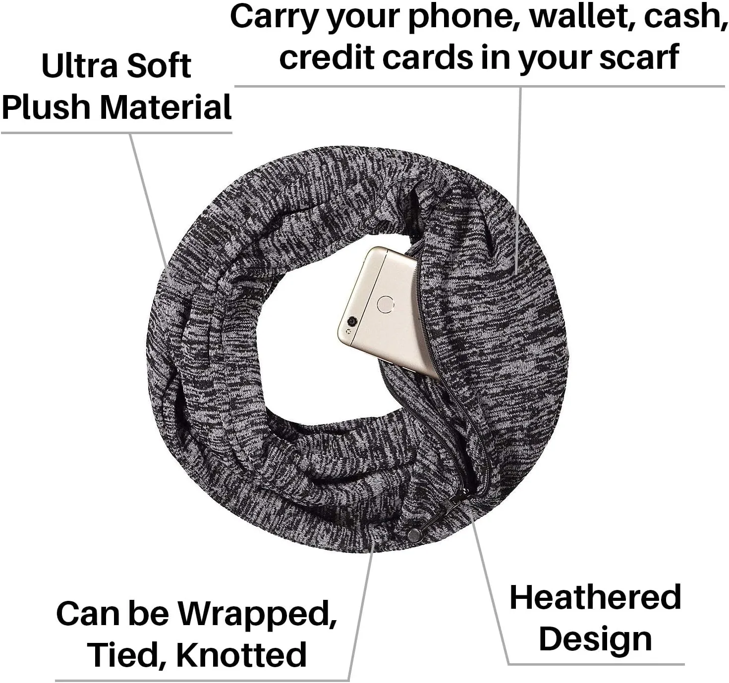 Travel-in-Style Pocket Scarf - Lightweight Heathered Travel Scarves, Infinity Scarves with Zipper Pockets