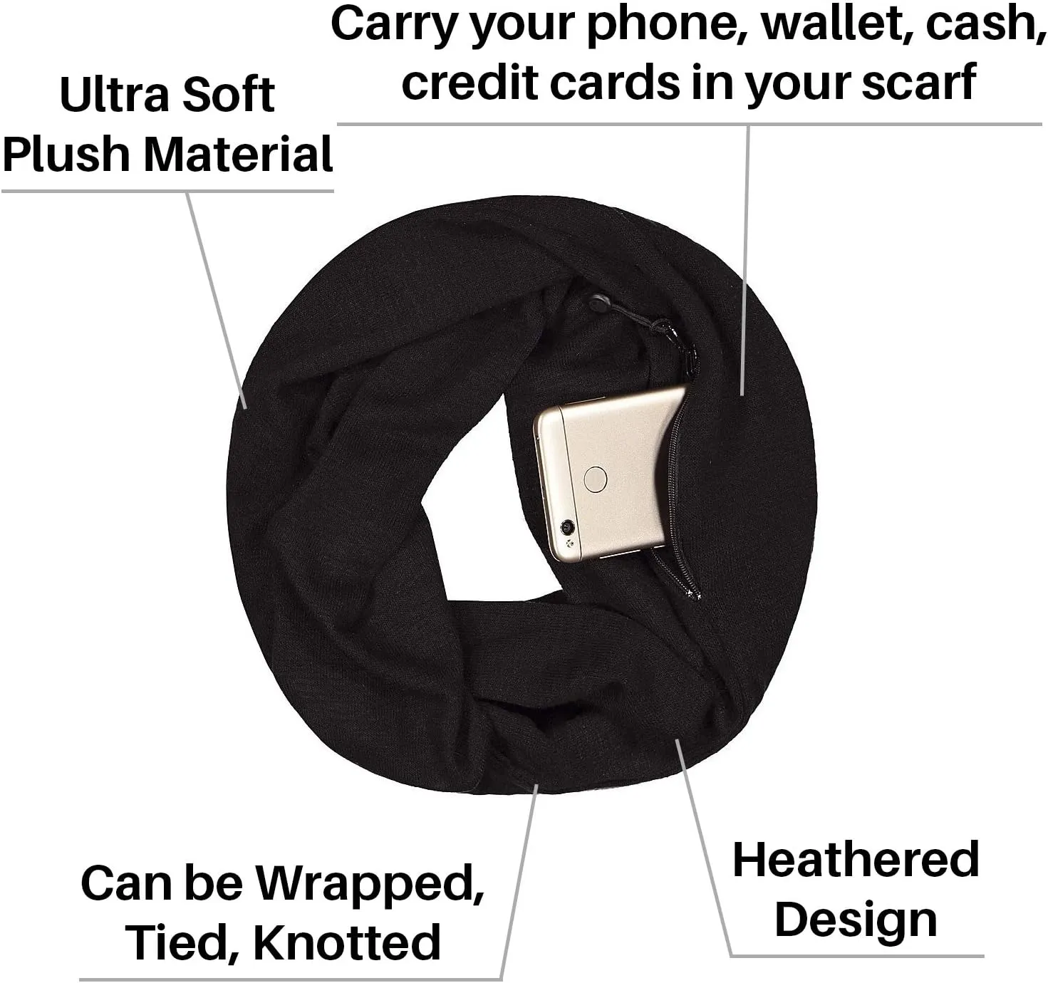 Travel-in-Style Pocket Scarf - Lightweight Heathered Travel Scarves, Infinity Scarves with Zipper Pockets