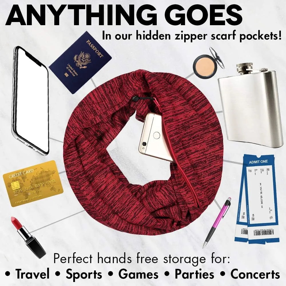 Travel-in-Style Pocket Scarf - Lightweight Heathered Travel Scarves, Infinity Scarves with Zipper Pockets