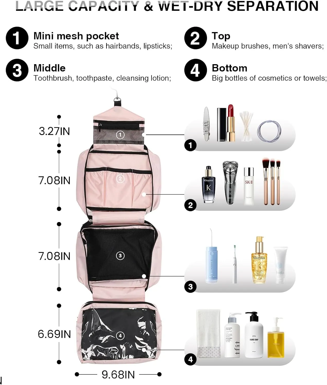 Travel Toiletry Bag for Women Men - Portable Large Hanging Organizer Makeup Bag for Cosmetic, Shampoo, Conditioner, Brushes Set, Cosmetic Travel Accessories Essentials, Pink