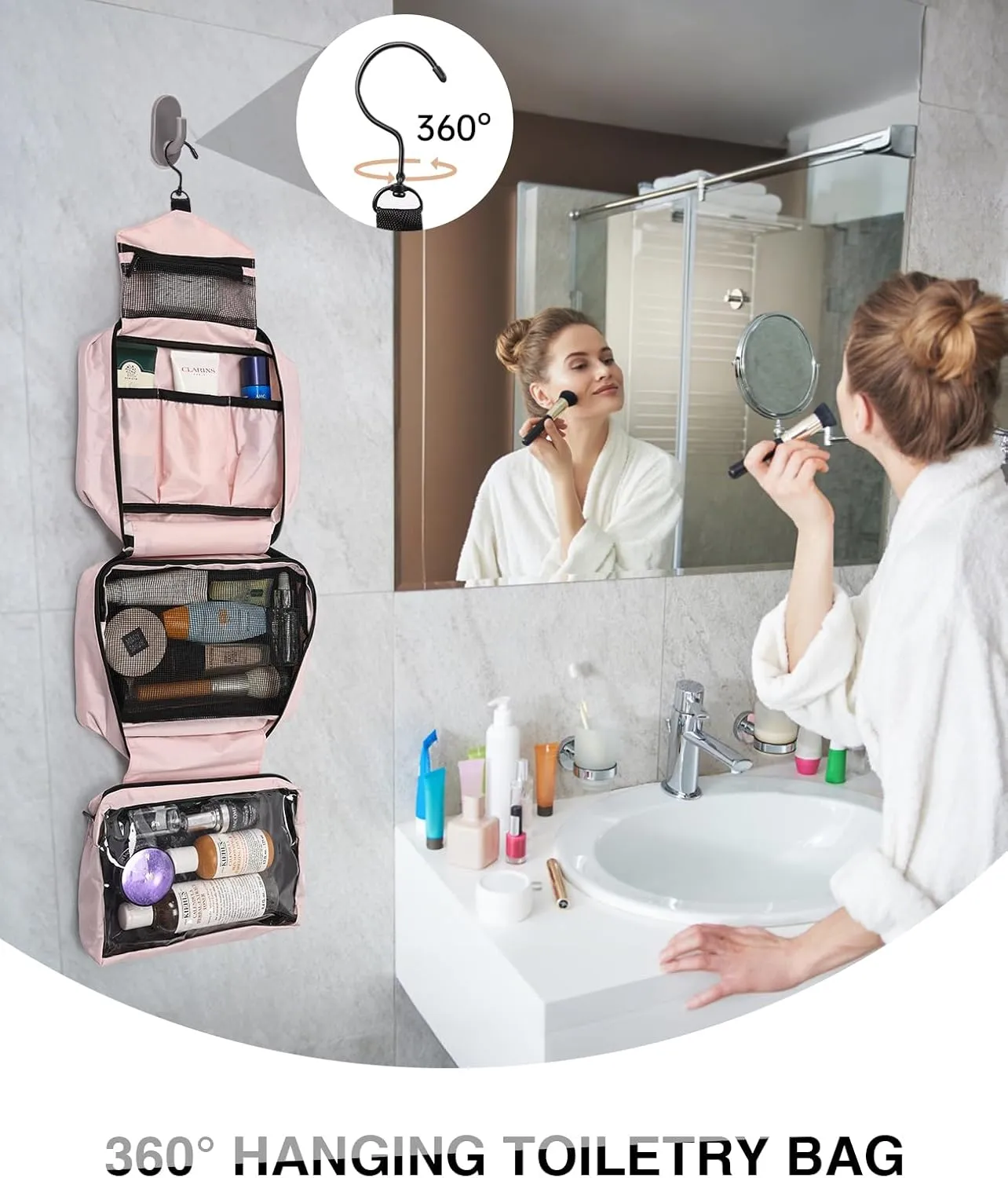 Travel Toiletry Bag for Women Men - Portable Large Hanging Organizer Makeup Bag for Cosmetic, Shampoo, Conditioner, Brushes Set, Cosmetic Travel Accessories Essentials, Pink