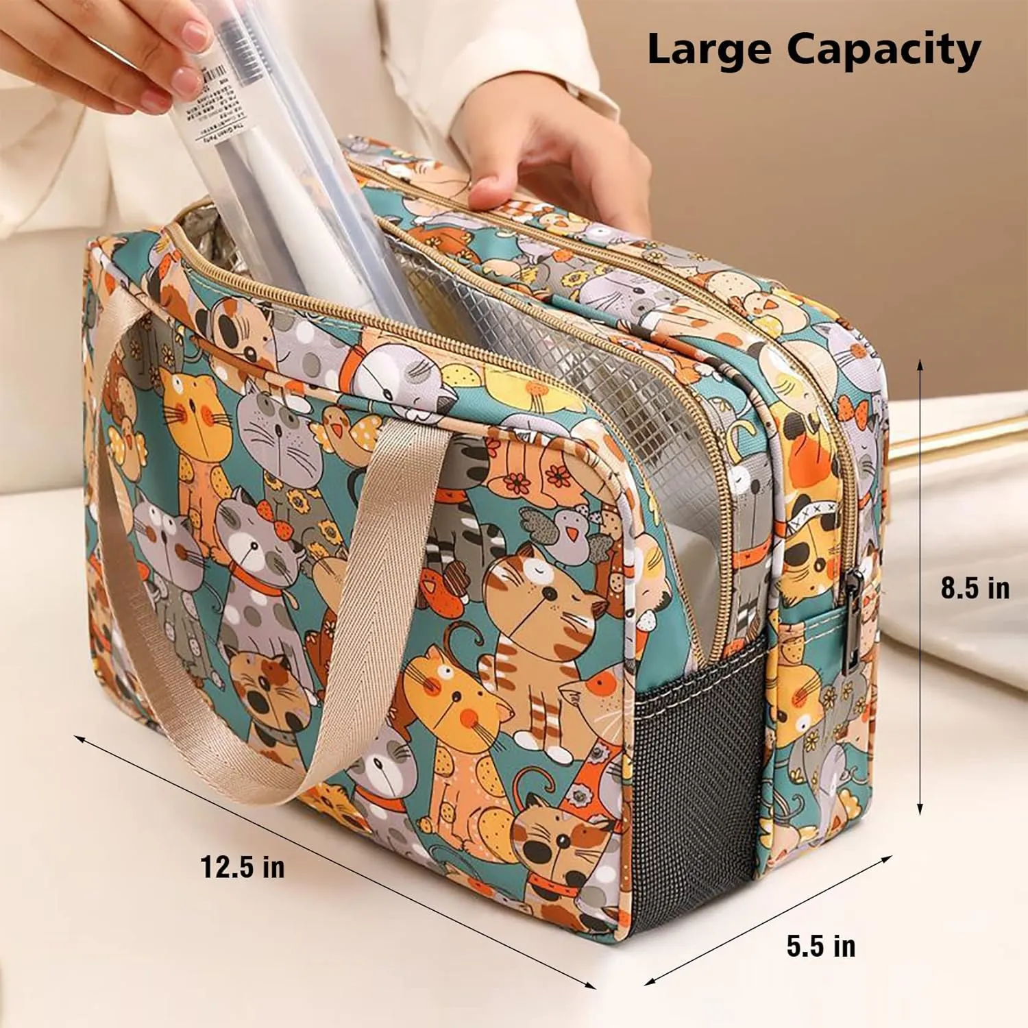 Travel Toiletry Bag for Women, Waterproof Shower Bag with Handy Handle, Makeup Cosmetic Organizer Bag for Travel Toiletries Accessories (Fancy Cat Pattern - XL)