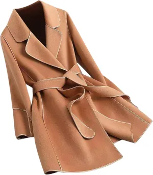 Trench Coats for Women 2024 Winter Warm Wool Blend Overcoats Double Breasted Notch Lapel Pea Coat with Belts
