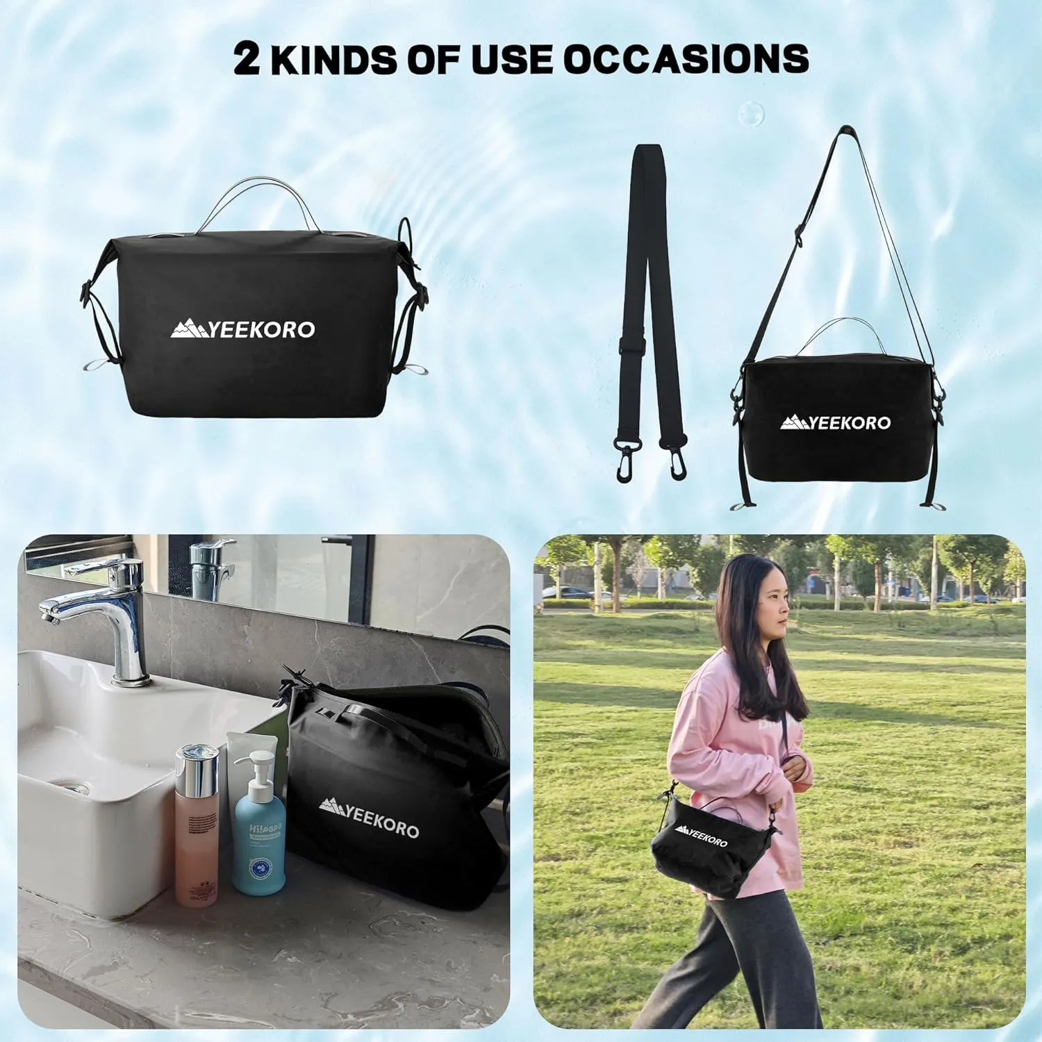 Waterproof Toiletry Bag for Travel, Zipper Styles, 40D Nylon Toiletry Organizer Bags with Shoulder Straps for Men Women, Travel Accessories（1 PACK,Black