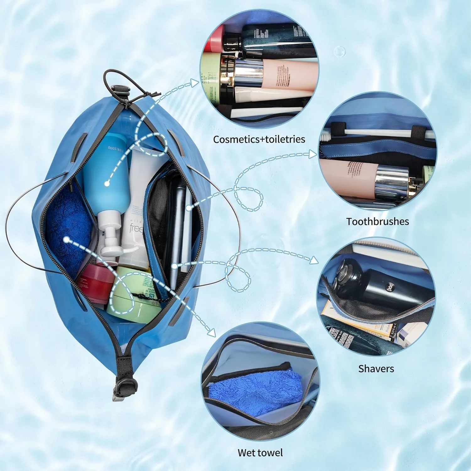 Waterproof Toiletry Bag for Travel, Zipper Styles, 40D Nylon Toiletry Organizer Bags with Shoulder Straps for Men Women, Travel Accessories（1 PACK,Blue