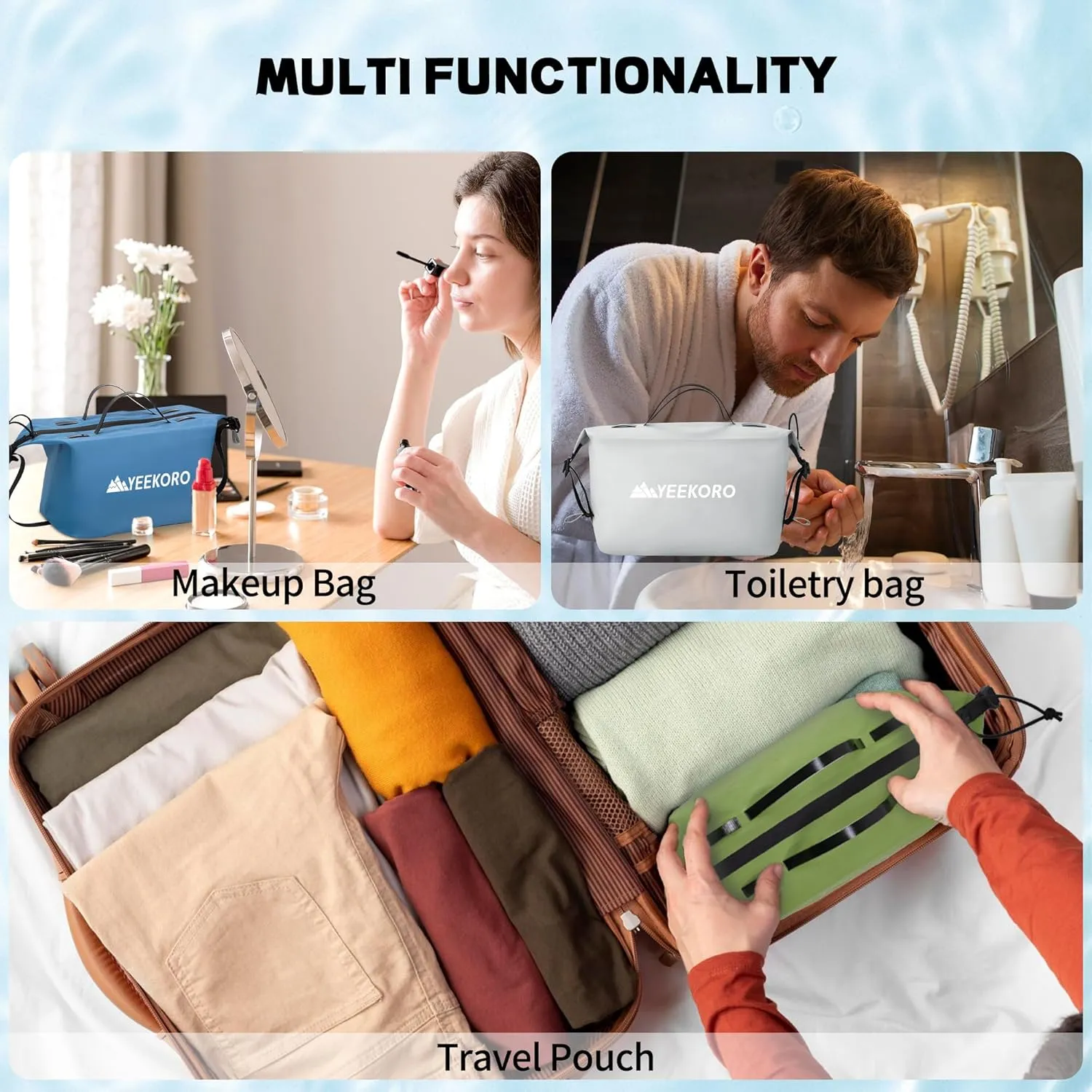 Waterproof Toiletry Bag for Travel, Zipper Styles, 40D Nylon Toiletry Organizer Bags with Shoulder Straps for Men Women, Travel Accessories（2 PACK,Grey