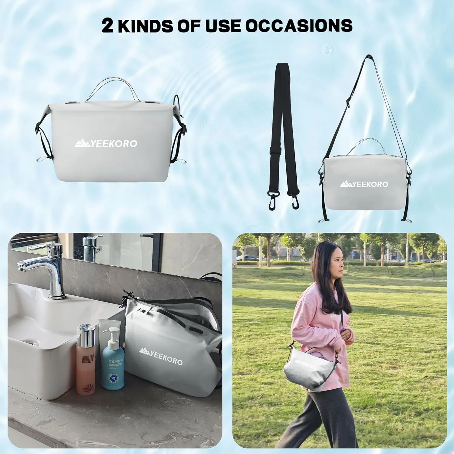 Waterproof Toiletry Bag for Travel, Zipper Styles, 40D Nylon Toiletry Organizer Bags with Shoulder Straps for Men Women, Travel Accessories（2 PACK,Grey