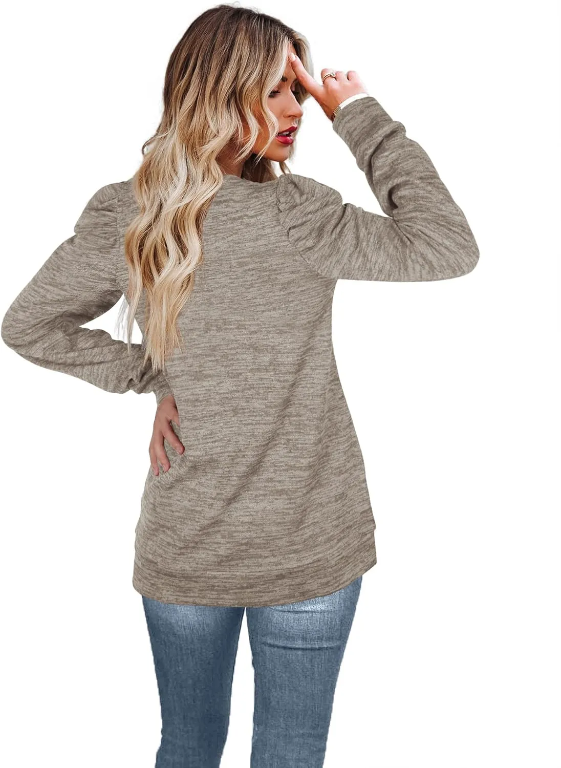 WEESO Crewneck Sweatshirts for Women Fashion Puff Sleeve Sweaters