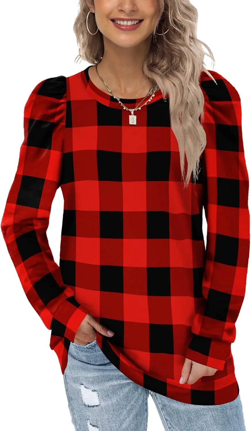 WEESO Crewneck Sweatshirts for Women Fashion Puff Sleeve Sweaters