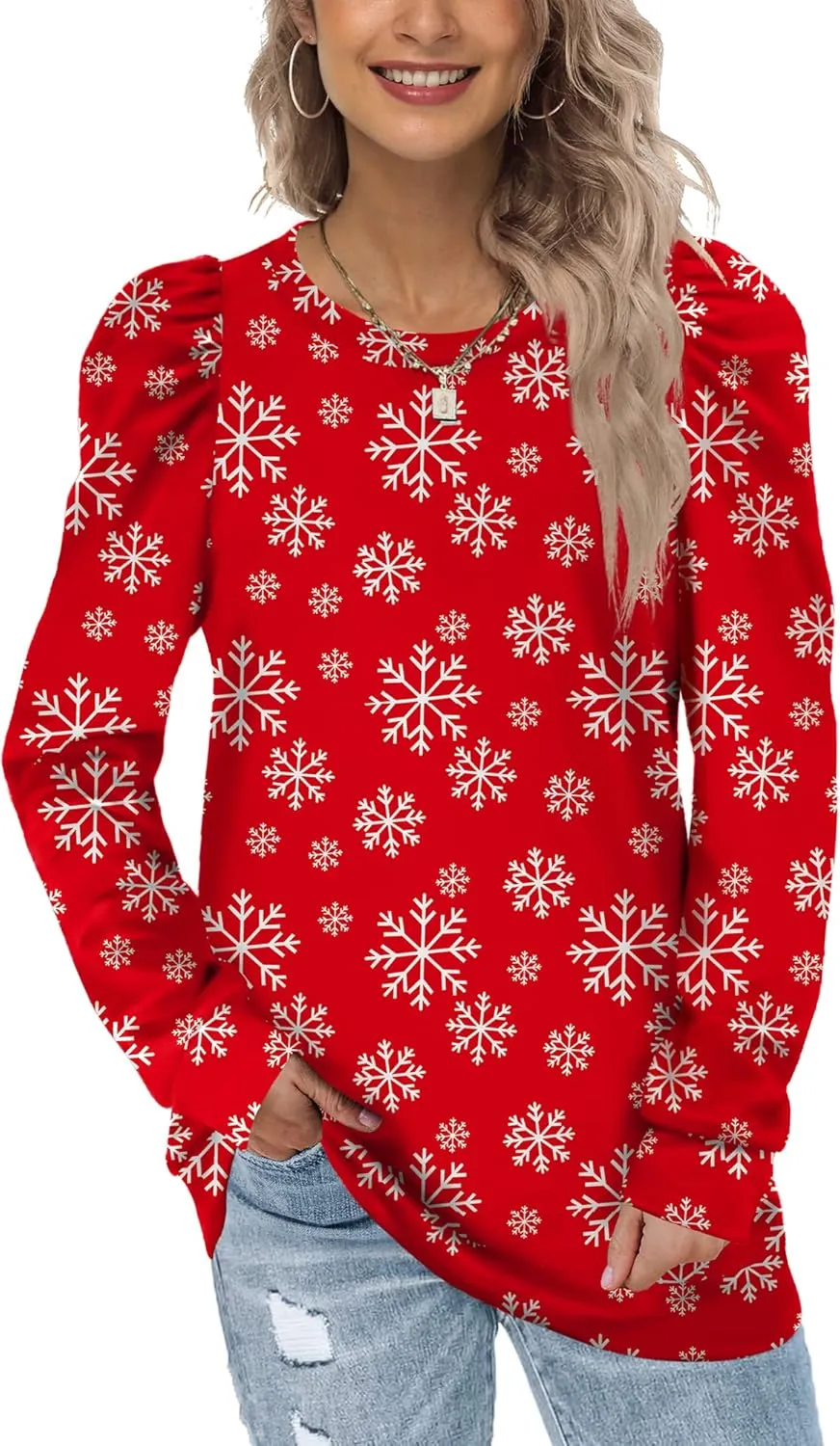 WEESO Crewneck Sweatshirts for Women Fashion Puff Sleeve Sweaters