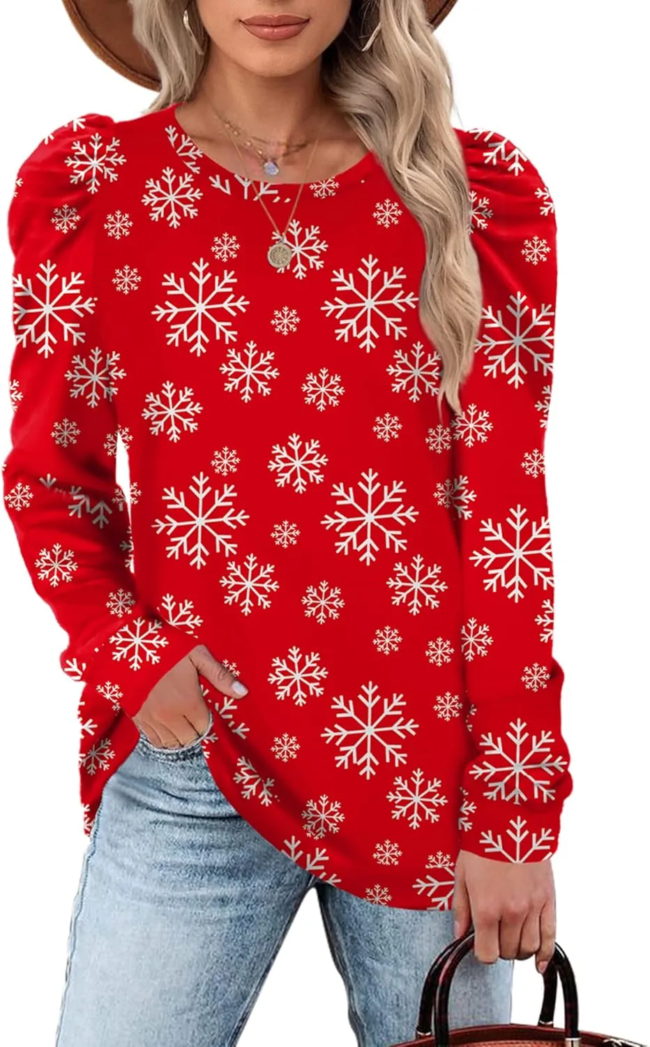 WEESO Crewneck Sweatshirts for Women Fashion Puff Sleeve Sweaters