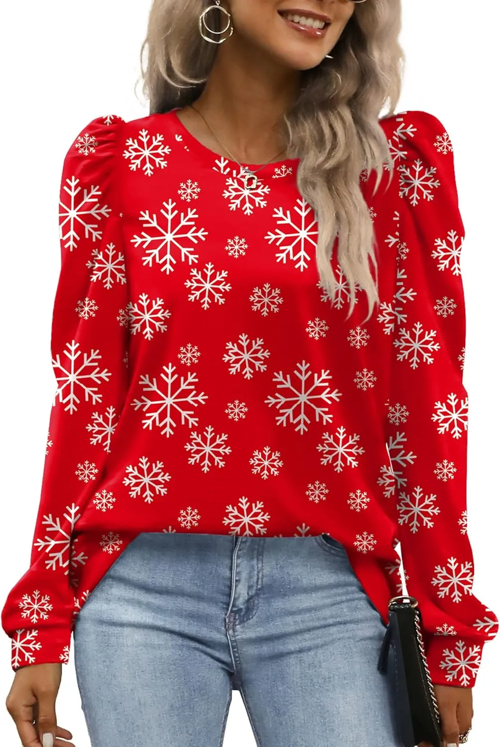 WEESO Crewneck Sweatshirts for Women Fashion Puff Sleeve Sweaters