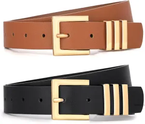 WHIPPY 2 Pack Women's Leather Belts Fashion Square Gold Buckle Ladies Belt for Jeans Pants Dress