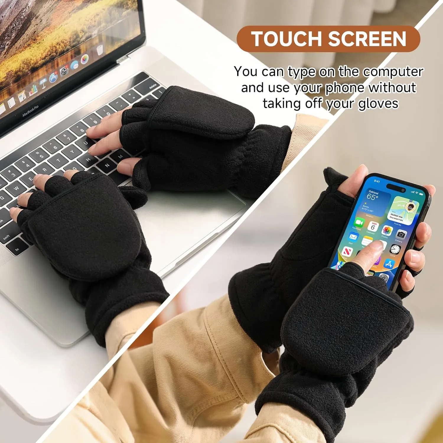 Winter Convertible Gloves Flip Top Mittens Warm Polar Fleece for Winter Running Texting Photographing for Men Women