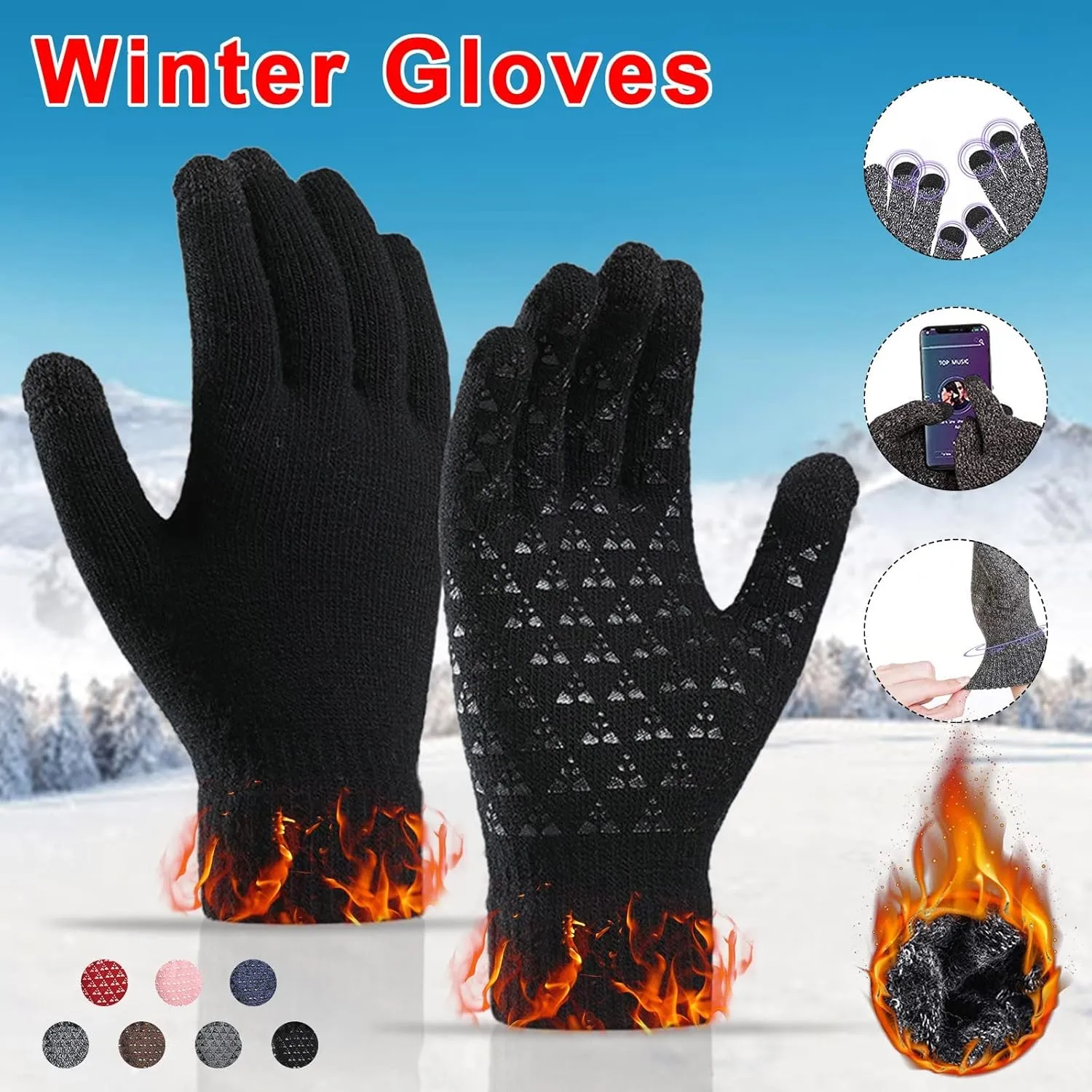 Winter Gloves Men,Full Fingers Touch Screen Thermal Knit Lining Warm Gloves for Hiking Cold Weather Kids Driving