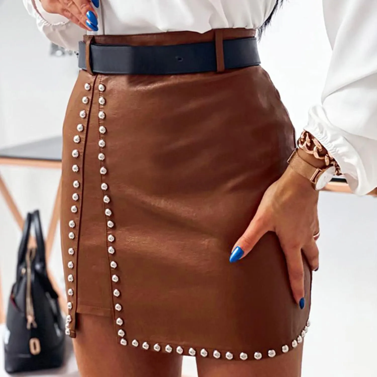 Women Leather Skirts Studded Decor High Waist Mini Skirt A Line Slit Mini PU Skirt Streetwear Pleated Skirts for