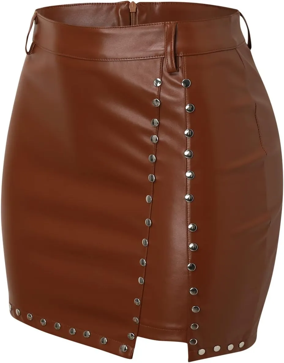 Women Leather Skirts Studded Decor High Waist Mini Skirt A Line Slit Mini PU Skirt Streetwear Pleated Skirts for