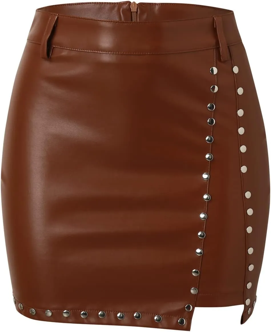 Women Leather Skirts Studded Decor High Waist Mini Skirt A Line Slit Mini PU Skirt Streetwear Pleated Skirts for