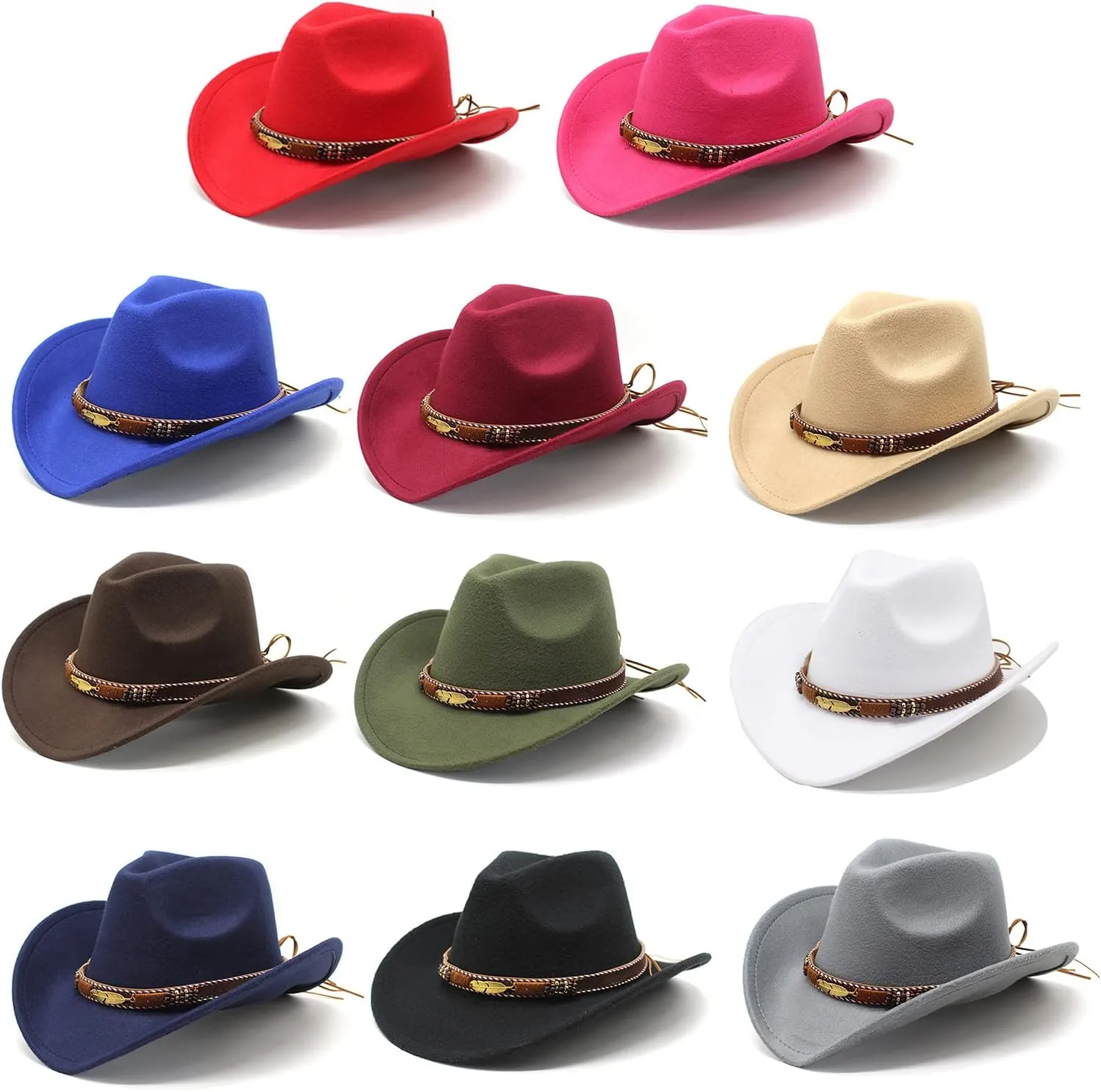 Women Men Western Cowboy Hats Felt Wide Brim Cap Vintage Belt Buckle Cowgirl Hat Dress-Up Party Costume Accessories