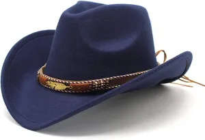 Women Men Western Cowboy Hats Felt Wide Brim Cap Vintage Belt Buckle Cowgirl Hat Dress-Up Party Costume Accessories