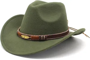 Women Men Western Cowboy Hats Felt Wide Brim Cap Vintage Belt Buckle Cowgirl Hat Dress-Up Party Costume Accessories