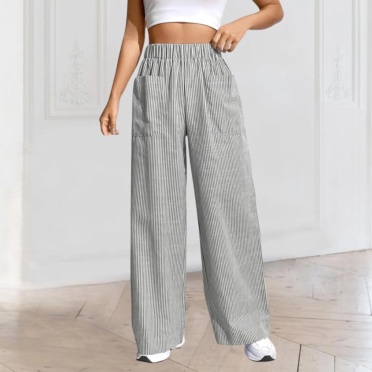 Women Palazzo Pants Casual Elastic High Waisted Wide Leg Pants Trendy Solid Color Striped Print Straight Leg Trouser