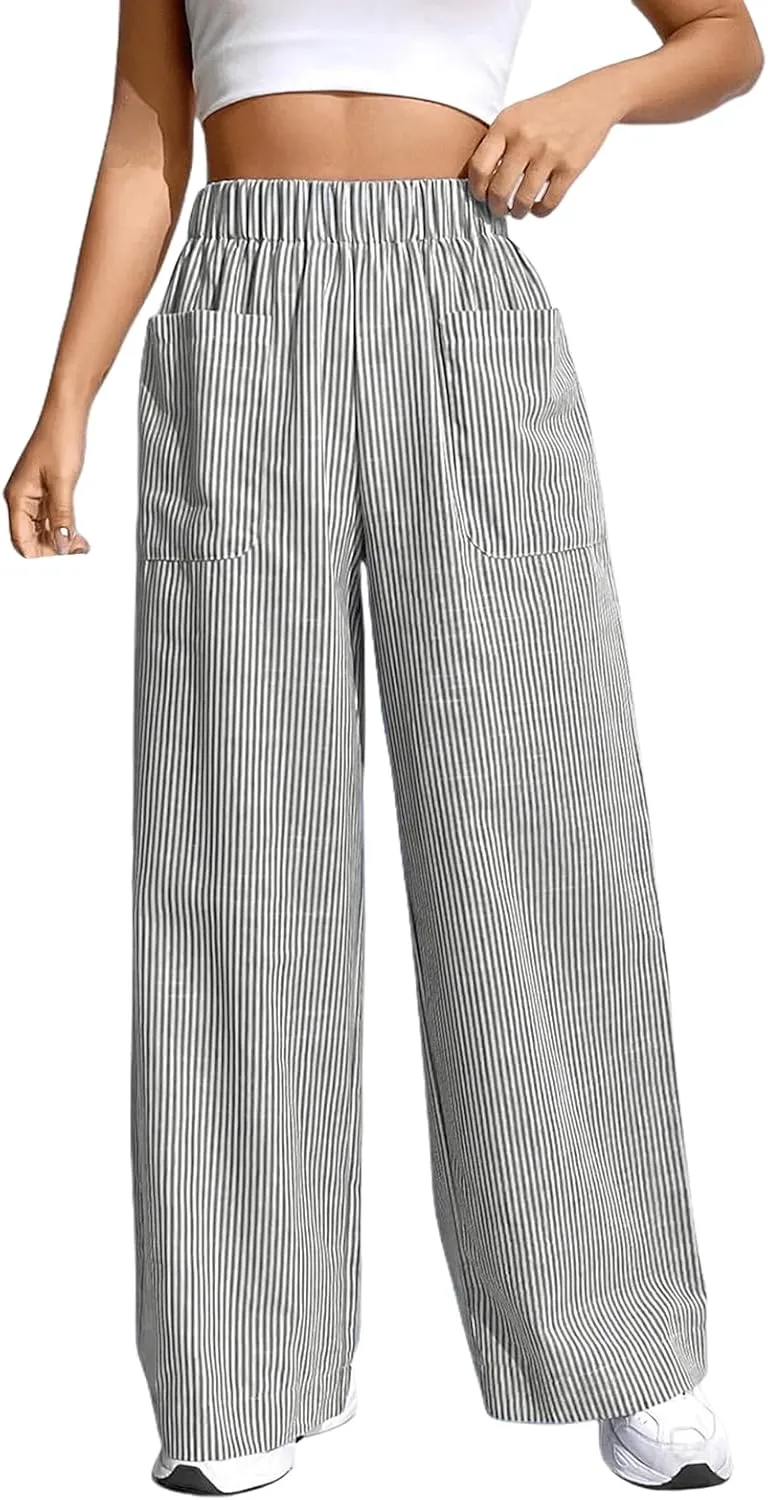 Women Palazzo Pants Casual Elastic High Waisted Wide Leg Pants Trendy Solid Color Striped Print Straight Leg Trouser