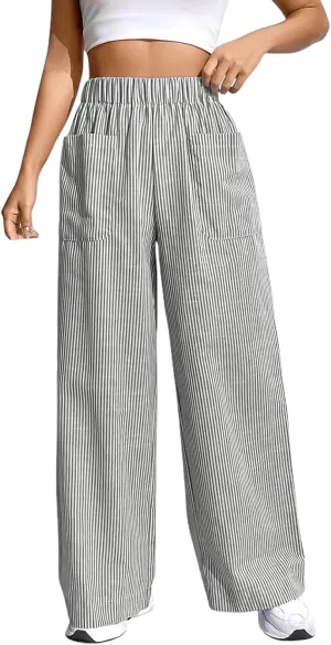 Women Palazzo Pants Casual Elastic High Waisted Wide Leg Pants Trendy Solid Color Striped Print Straight Leg Trouser