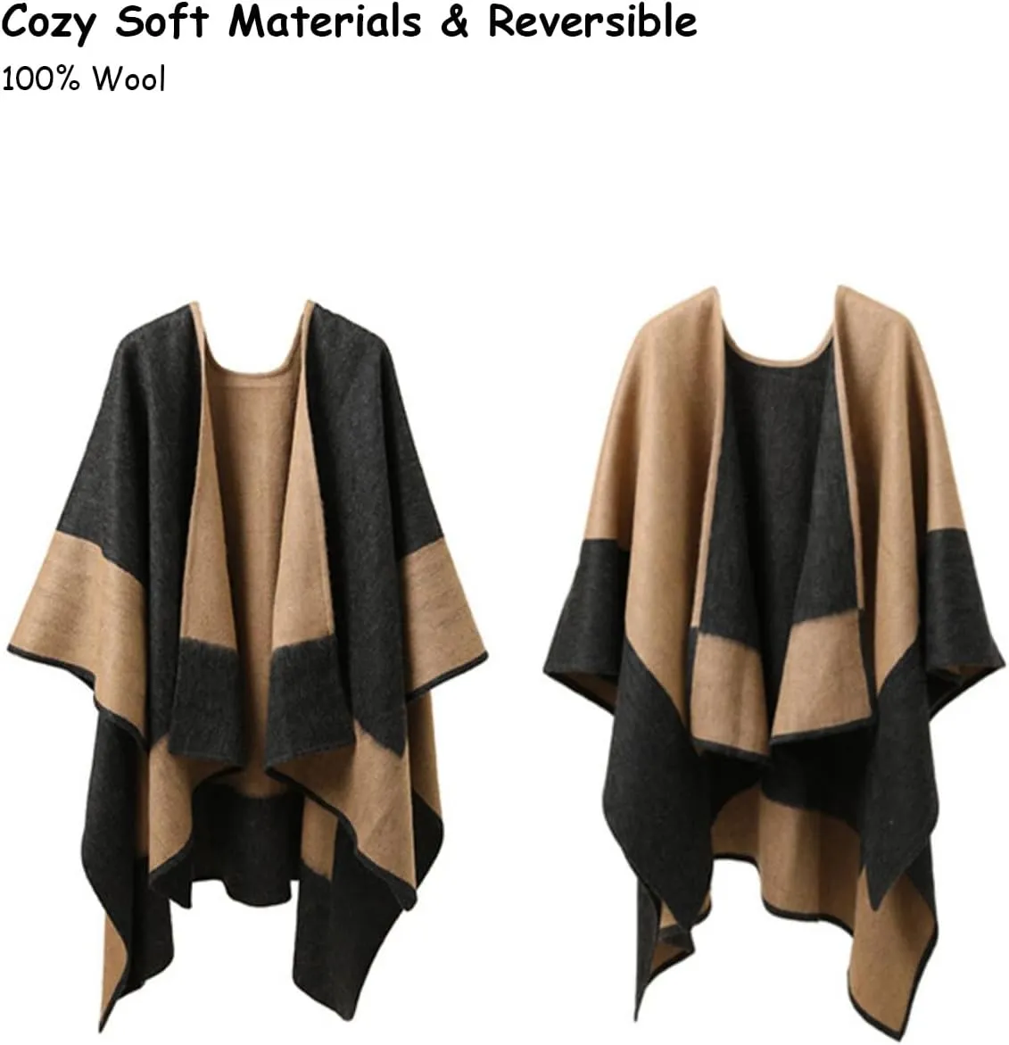 Women Shawl Wrap Scarf Reversible, 100% Wool Poncho Cape, Winter Warm Open Front Cardigan Oversized Blanket Cape
