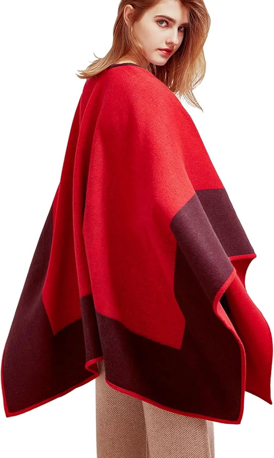 Women Shawl Wrap Scarf Reversible, 100% Wool Poncho Cape, Winter Warm Open Front Cardigan Oversized Blanket Cape