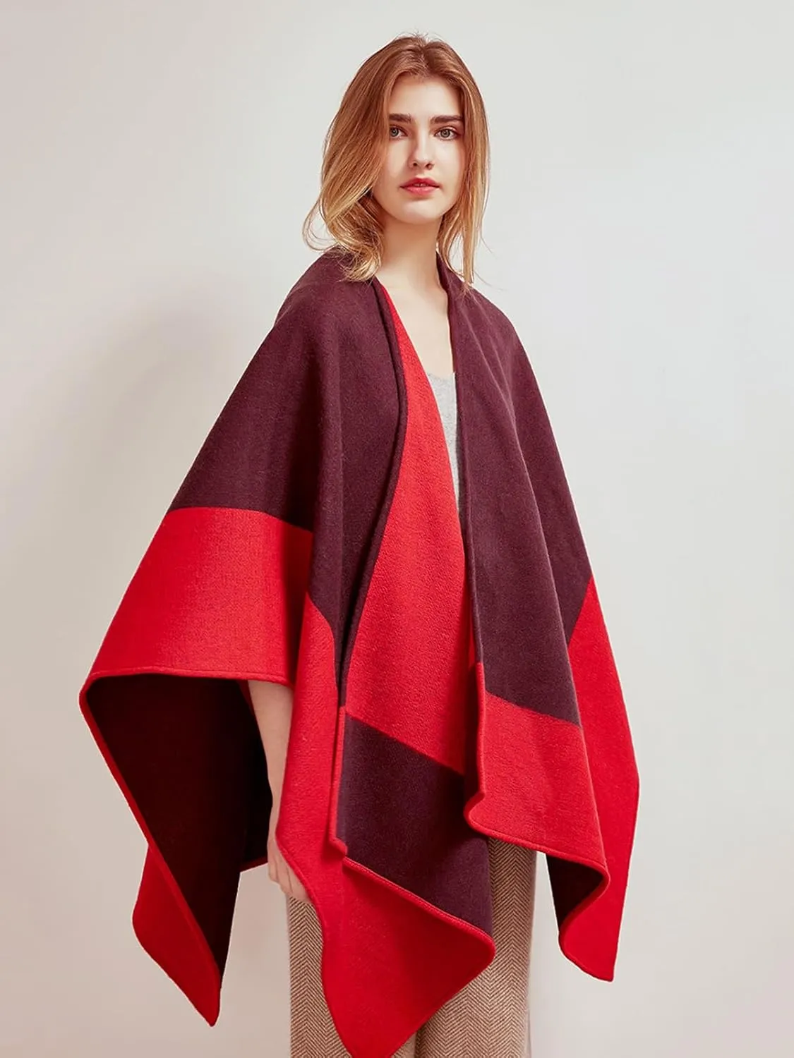 Women Shawl Wrap Scarf Reversible, 100% Wool Poncho Cape, Winter Warm Open Front Cardigan Oversized Blanket Cape