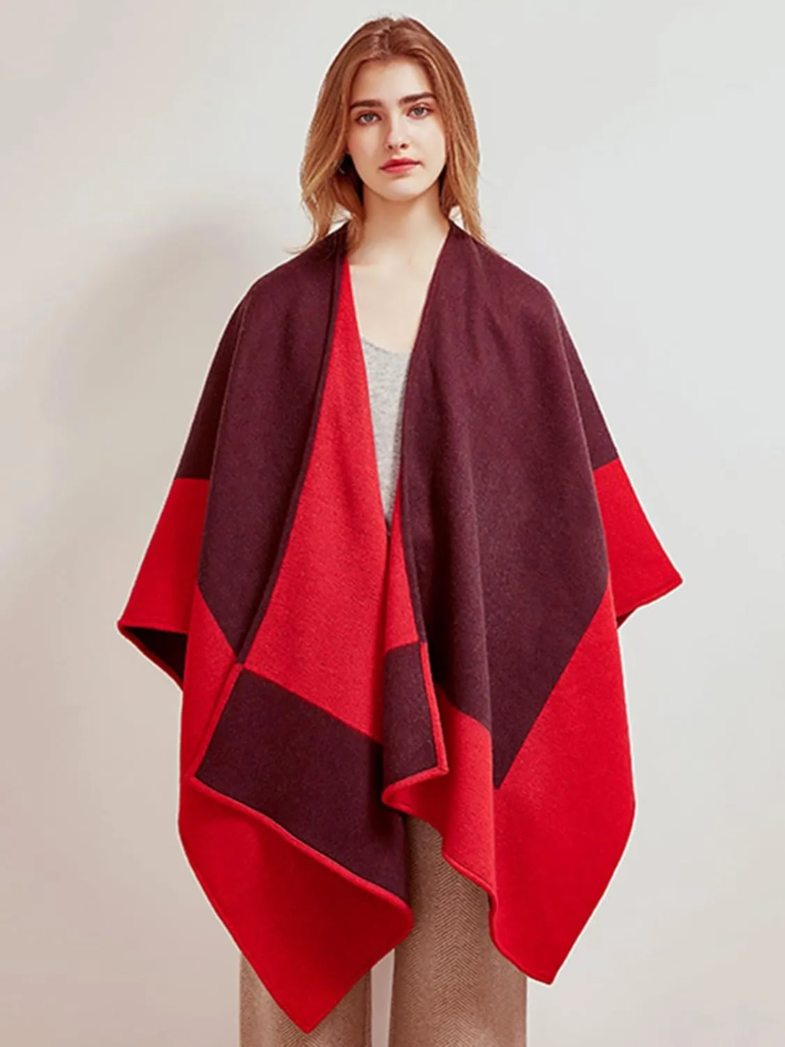 Women Shawl Wrap Scarf Reversible, 100% Wool Poncho Cape, Winter Warm Open Front Cardigan Oversized Blanket Cape