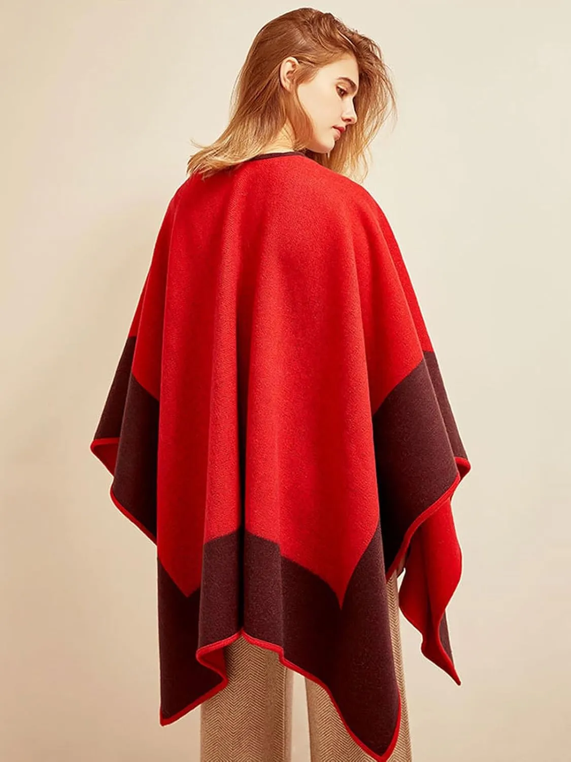 Women Shawl Wrap Scarf Reversible, 100% Wool Poncho Cape, Winter Warm Open Front Cardigan Oversized Blanket Cape