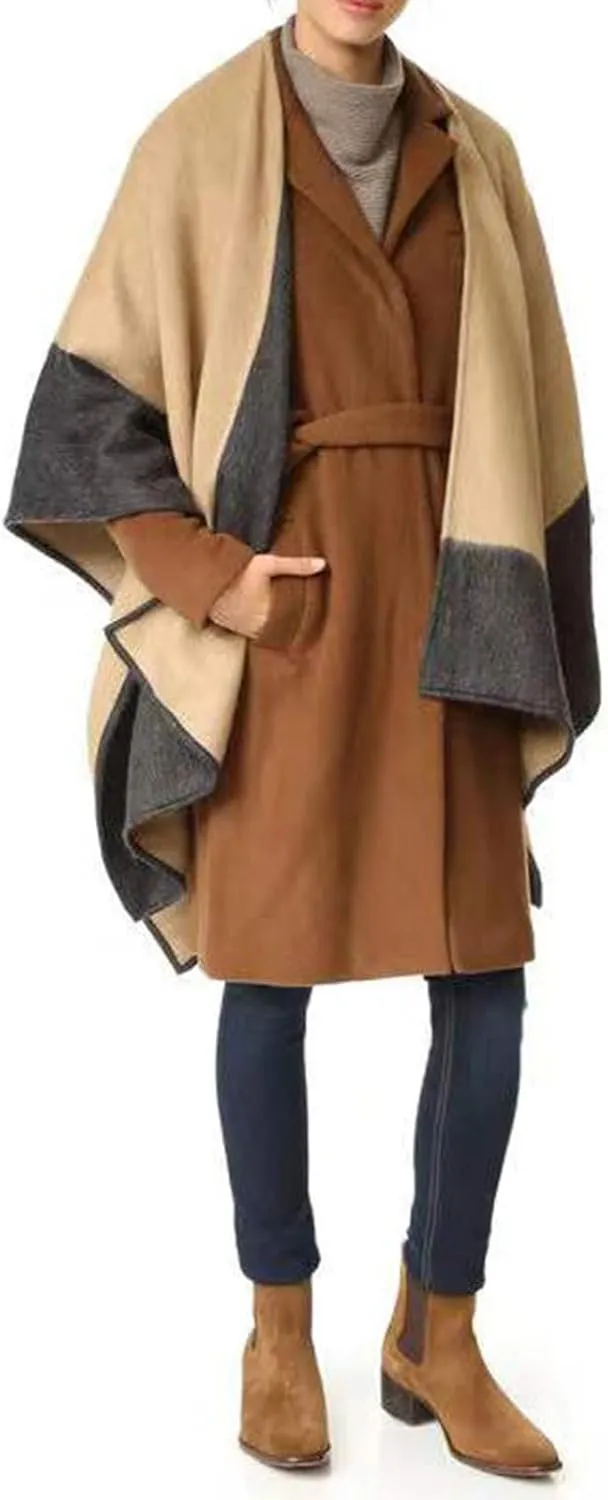 Women Shawl Wrap Scarf Reversible, 100% Wool Poncho Cape, Winter Warm Open Front Cardigan Oversized Blanket Cape