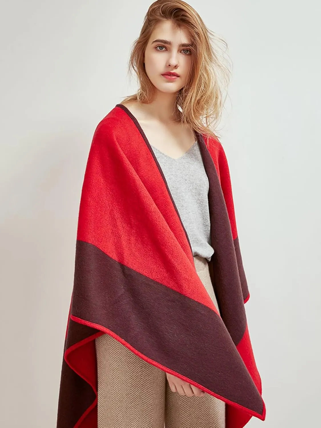 Women Shawl Wrap Scarf Reversible, 100% Wool Poncho Cape, Winter Warm Open Front Cardigan Oversized Blanket Cape