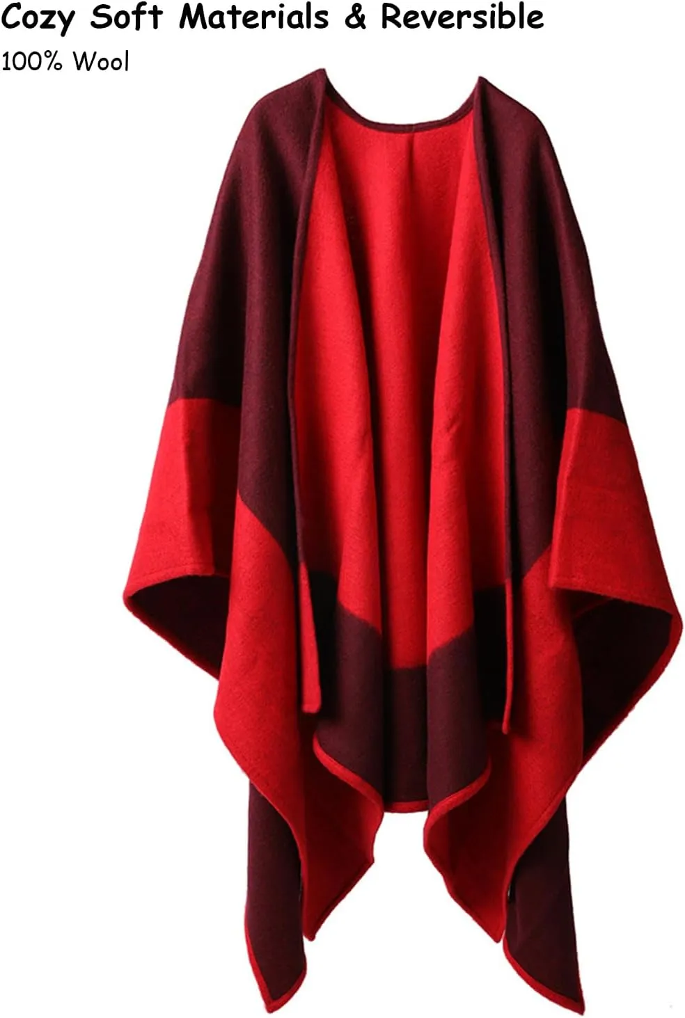 Women Shawl Wrap Scarf Reversible, 100% Wool Poncho Cape, Winter Warm Open Front Cardigan Oversized Blanket Cape