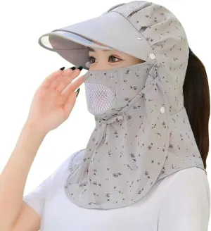 Women Wide Brim Sun Hat Floral Print Visor Hat Summer Travel Hiking Climbing Riding Cap with Wind Lanyard