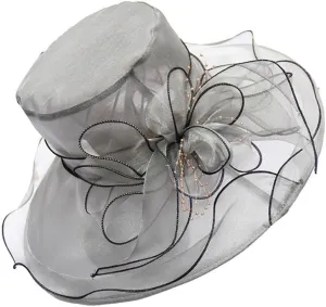 Women Wide Brim Sun Hats Beach Hat Floral Design Sun Protection Adjustable Organza Thin Elegant Sun Cap Fashion Accessories Grey