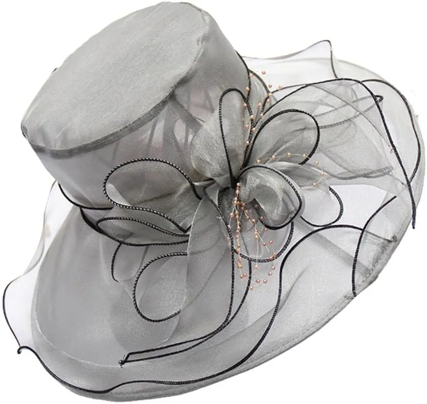 Women Wide Brim Sun Hats Beach Hat Floral Design Sun Protection Adjustable Organza Thin Elegant Sun Cap Fashion Accessories Grey