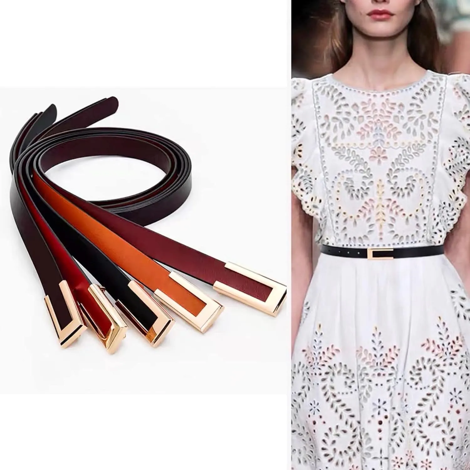 Women's Belt Genuine Leather Belts Durable Waist Belt Gold Solid Color Buckle Waistband For Pants, Jeans. Width 0.80"