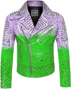 Women's Brando Multicolor Spiked Punk Rock Studded Leather Jacket - Heavy Metal Gothic Punk Rock Moto Studded Jacket