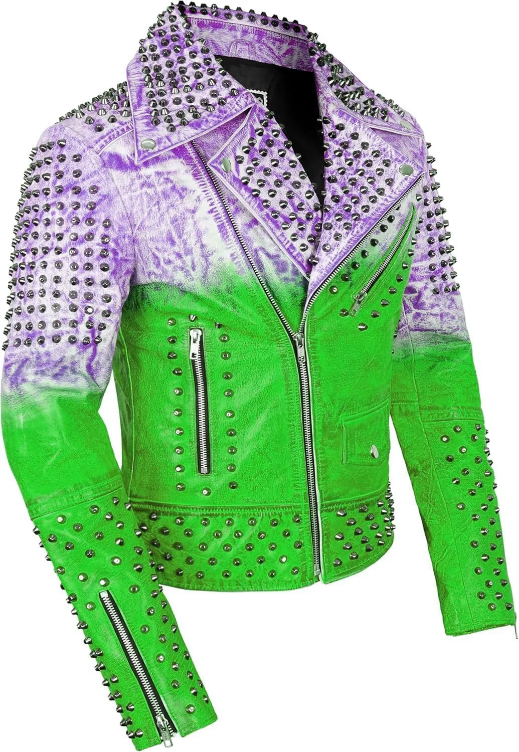 Women's Brando Multicolor Spiked Punk Rock Studded Leather Jacket - Heavy Metal Gothic Punk Rock Moto Studded Jacket