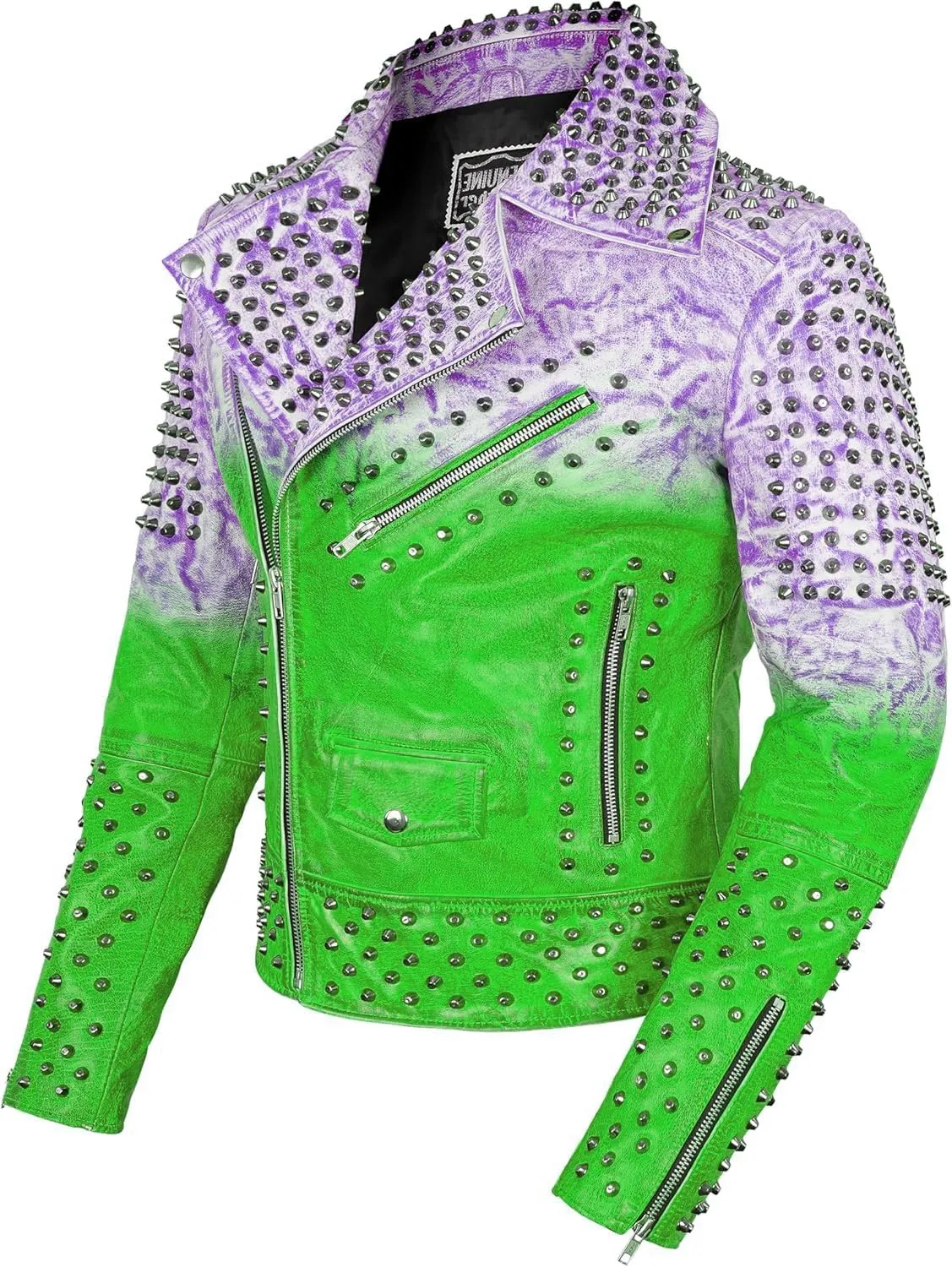 Women's Brando Multicolor Spiked Punk Rock Studded Leather Jacket - Heavy Metal Gothic Punk Rock Moto Studded Jacket