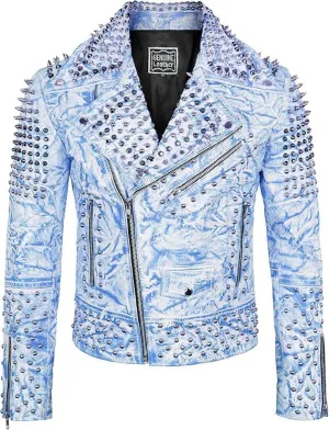 Women's Brando Multicolor Spiked Studded Leather Jacket - Heavy Metal Gothic Style Punk Rock Moto Western Studded Jacket
