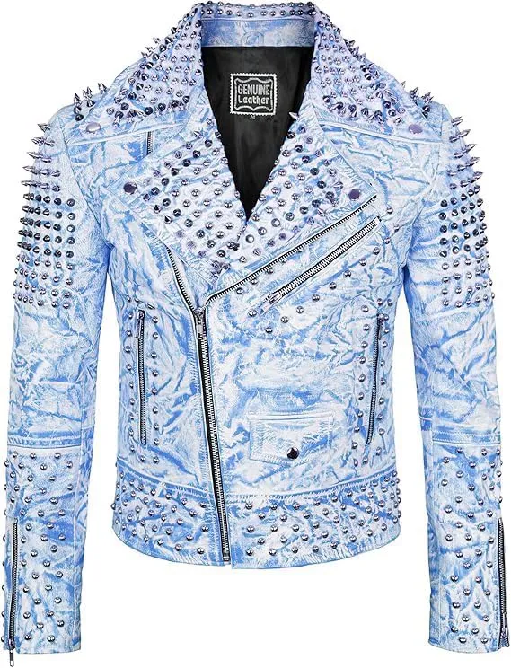 Women's Brando Multicolor Spiked Studded Leather Jacket - Heavy Metal Gothic Style Punk Rock Moto Western Studded Jacket