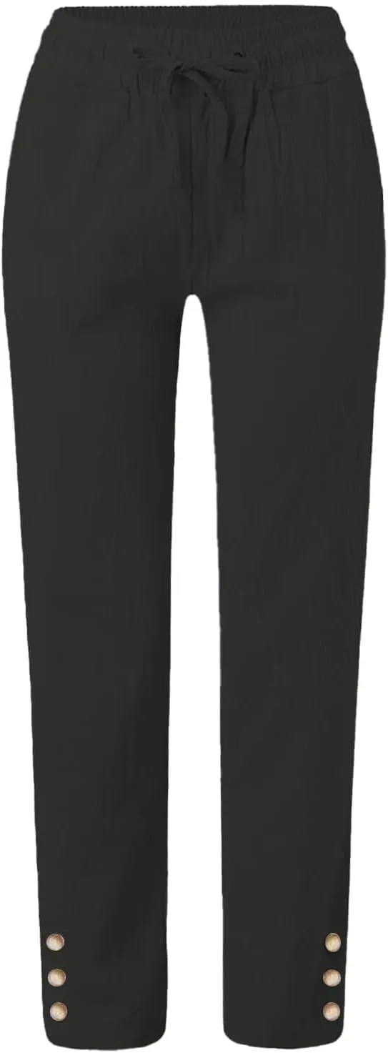 Womens Cotton Linen Pants Lightweight Elastic Waist Straight Leg Pants Summer Comfy Drawstring Long Trousers
