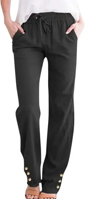 Womens Cotton Linen Pants Lightweight Elastic Waist Straight Leg Pants Summer Comfy Drawstring Long Trousers